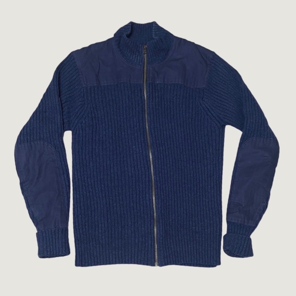 L.L. Bean Merino Wool Full Zip Commando Sweater Navy Blue Elbow Patches Large
